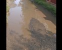 Проезд с огромной лужей и полностью разбитым асфальтом по улице Железнодорожная.
