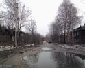 По этой городской улице города Шарья легковой автомобиль может передвигаться только на первой скорости. Ехать быстрее опасно, из-за вероятности напороться на  арматуру старой бетонки или получить "подарок" от лежащего в луже постороннего предмета.